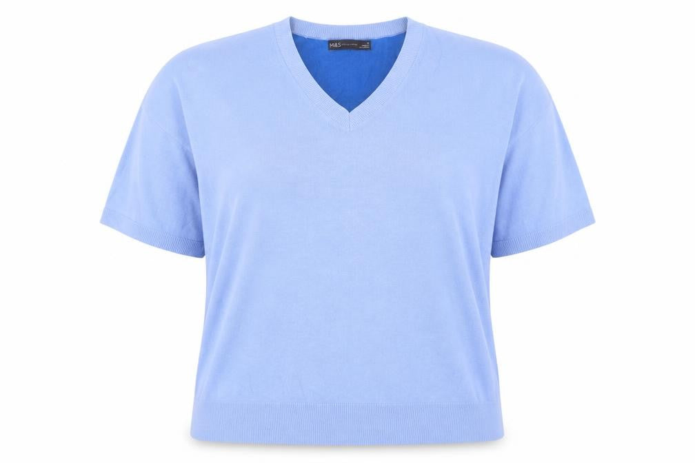 Front view of Marks & Spencer women’s blue v-neck viscose jumper, size UK 18, - colourblock