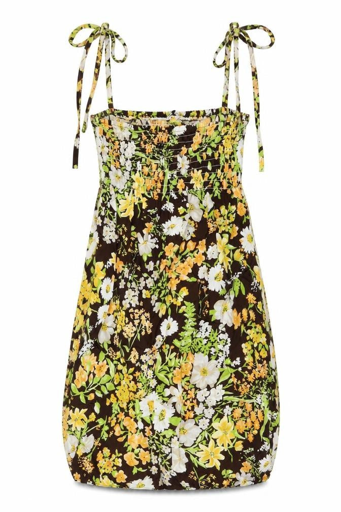 Front view of Hussy Moffo women’s multicoloured floral viscose mini, size UK 10, square neck pullover