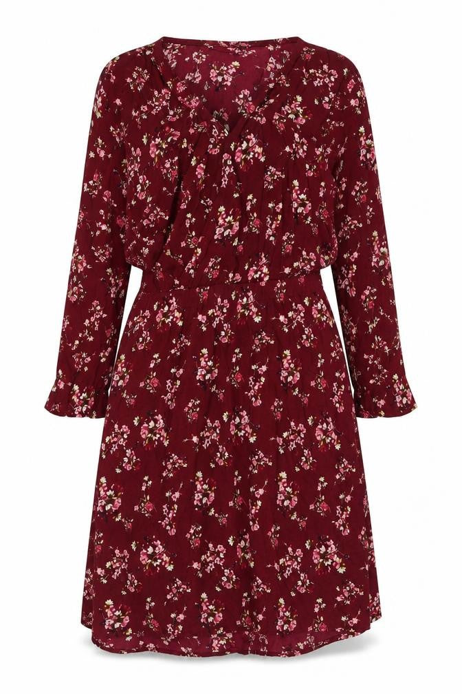 Front view of H&M women’s purple floral viscose a-line, size XS, v-neck pullover