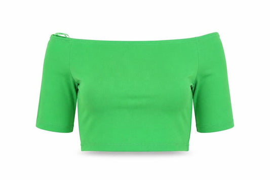 Front view of Zara women’s green polyester cropped blouse, size M, off the shoulder