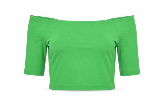 Front view of Zara women’s green polyester cropped t-shirt, size M, off the shoulder