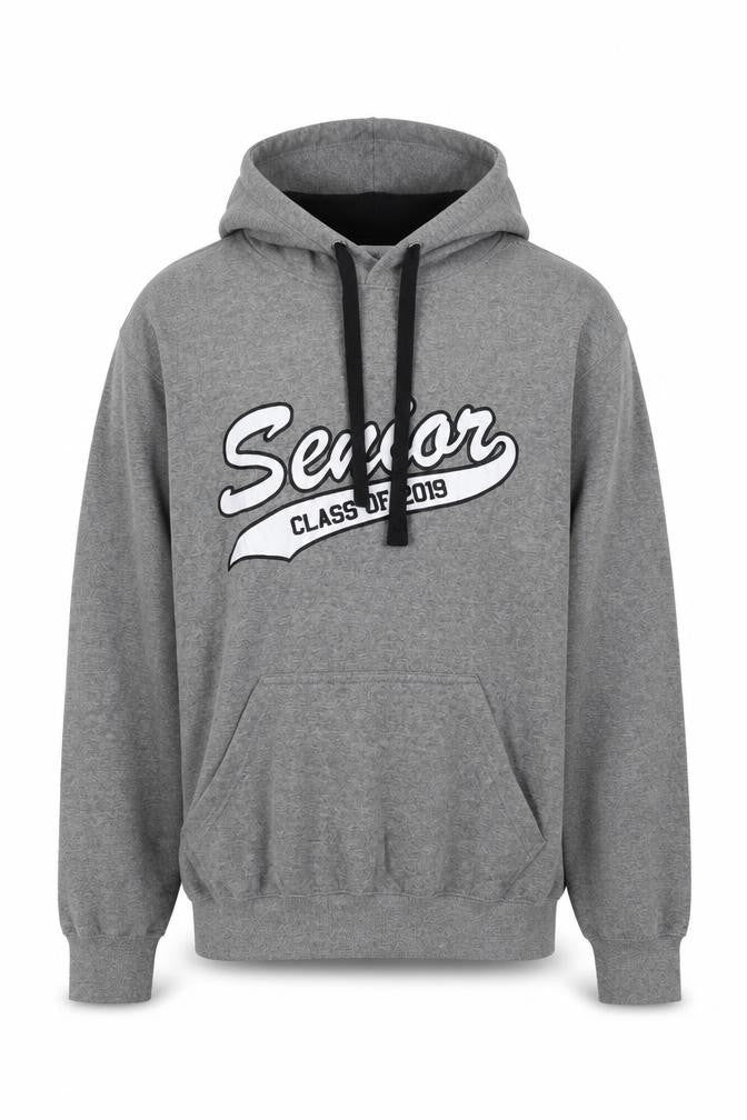 Front view of Jostens men’s grey cotton pullover hoodie, size S, - senior class