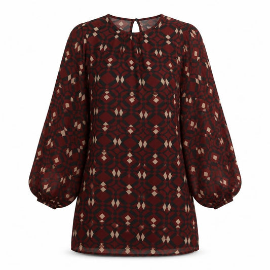 Front view of Zara women’s red geometric polyester shift, size UK 8, round neck button