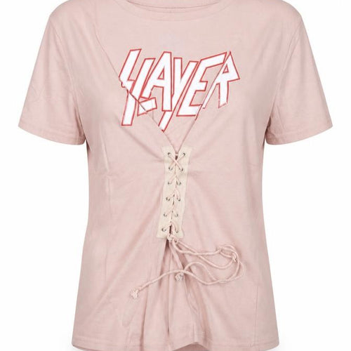 Eight Paris Womens Pink Cotton Basic T-Shirt Size M Round Neck - Slayer Lace up