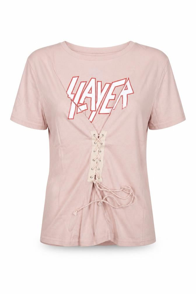 Eight Paris Womens Pink Cotton Basic T-Shirt Size M Round Neck - Slayer Lace up