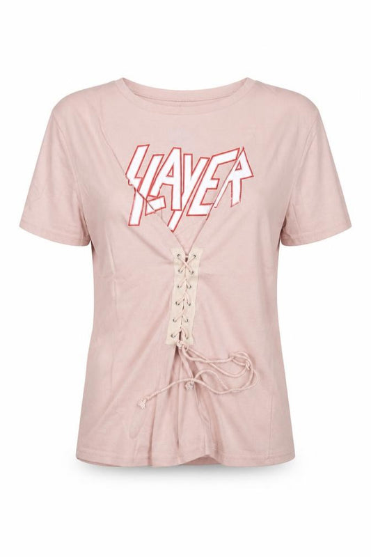 Front view of Eight Paris women’s pink cotton basic t-shirt, size M, round neck - slayer lace up