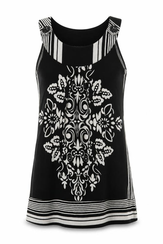 Front view of Pussycat women’s black geometric polyester a-line, size M, round neck button