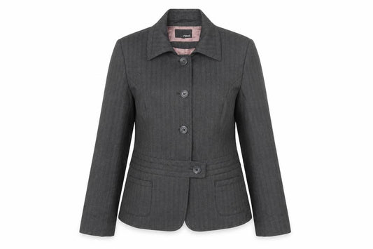 Front view of Next women’s grey jacket, size UK 10, button