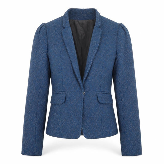 Front view of H&M women’s blue jacket, size UK 8, hook & eye