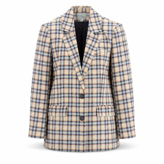 Front view of ASOS women’s beige plaid jacket, size UK 8, button