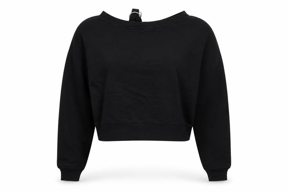Front view of H&M women’s black cotton pullover sweatshirt, size M, pullover