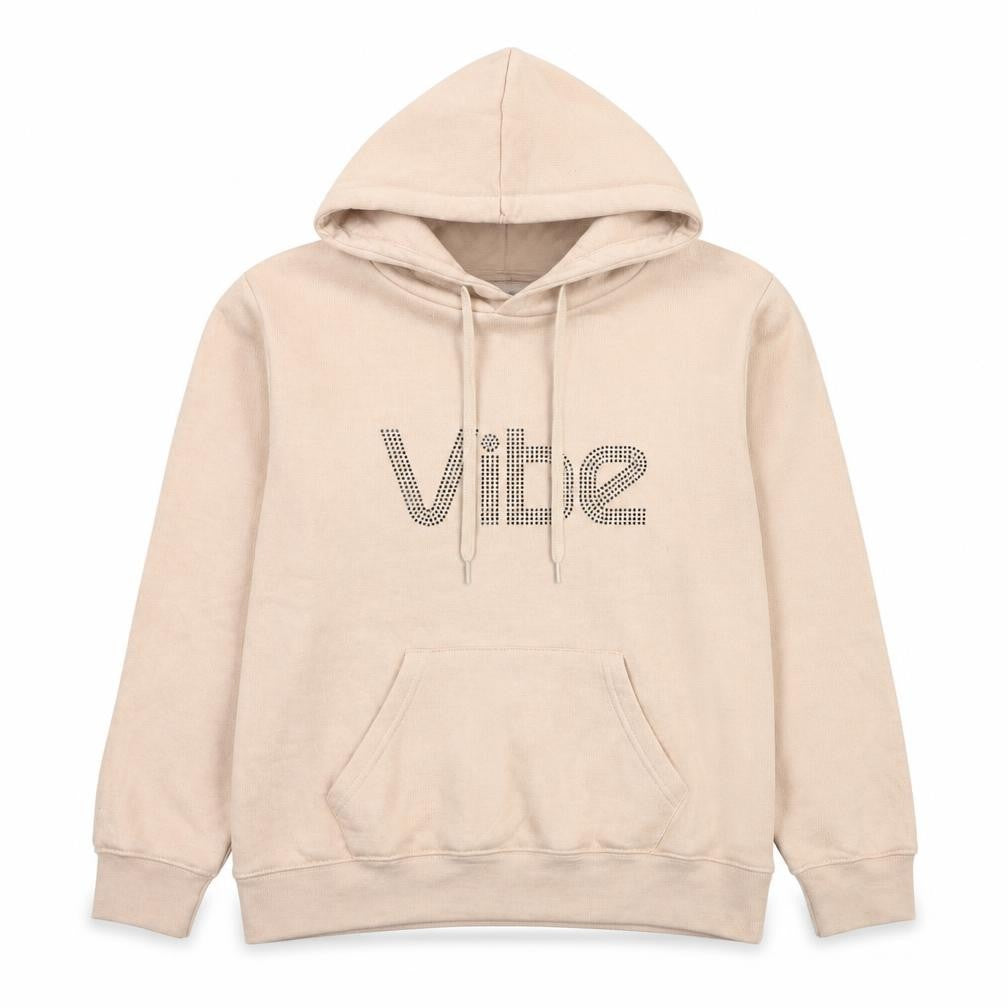 Front view of Paramour women’s beige cotton pullover hoodie, size L, pullover - vibe