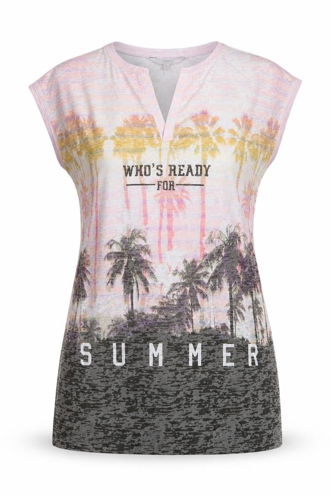 Front view of Next women’s multicoloured geometric polyester basic tank, size UK 8, v-neck - who's ready for summer