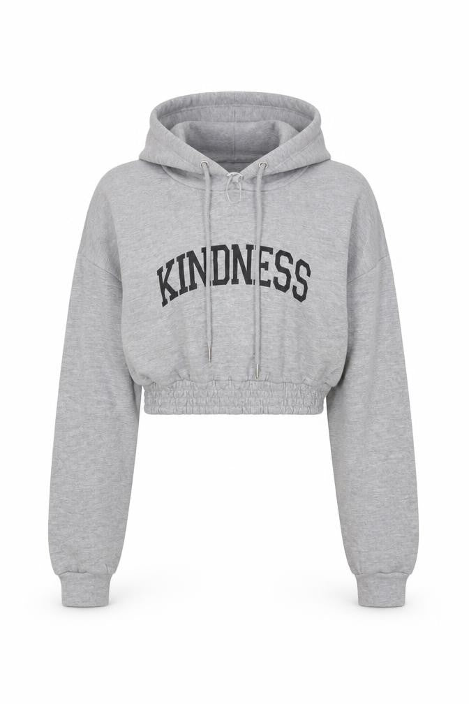 Front view of PINK women’s grey cotton pullover hoodie, size M, pullover