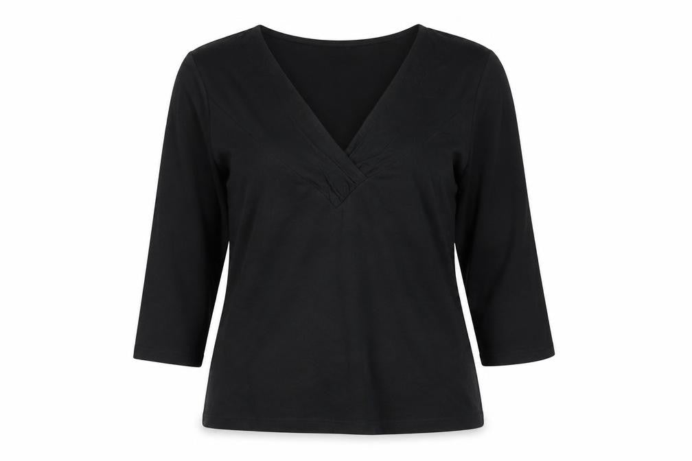 Front view of SIROCCO women’s black cotton basic blouse, size L, v-neck
