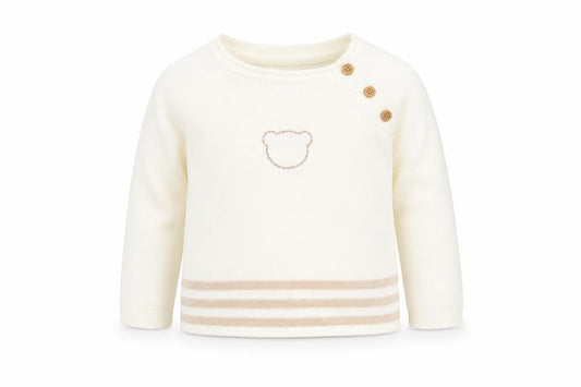 Front view of Nutmeg boys’ white viscose jumper, size 6-9, months pullover
