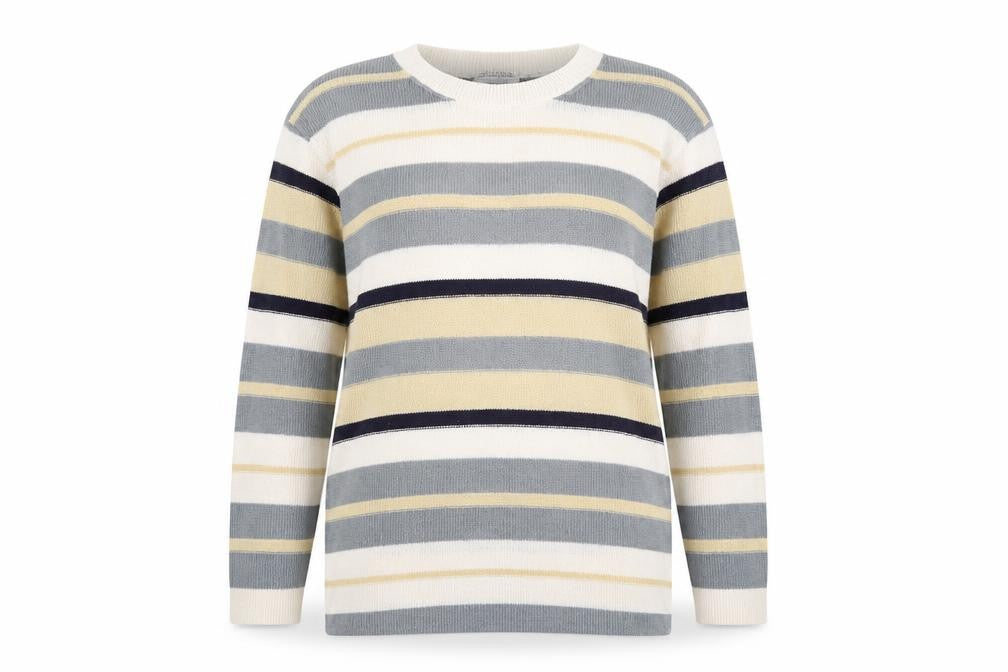 Front view of Richards women’s multicoloured round neck striped acrylic jumper, size M