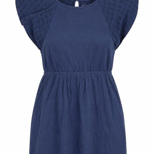 Essential Womens Blue 100% Cotton Mini Size 6 Round Neck Button - Broderie Anglaise
