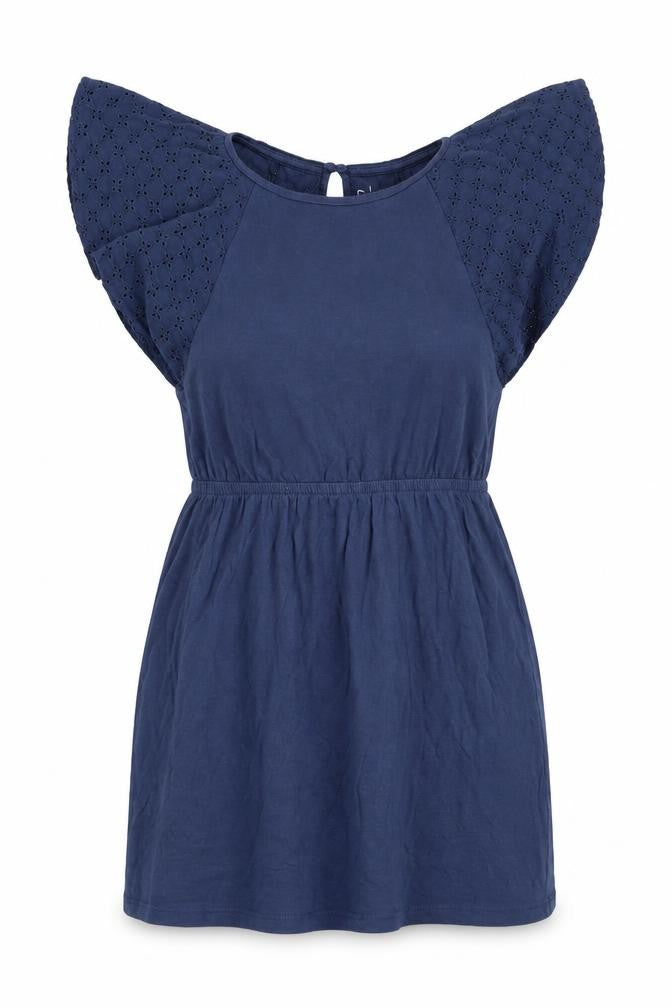 Essential Womens Blue 100% Cotton Mini Size 6 Round Neck Button - Broderie Anglaise