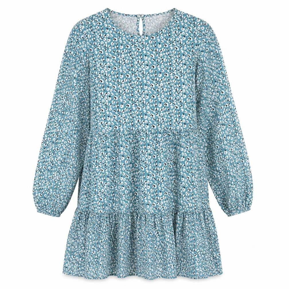 Front view of Pebble Bay women’s blue floral polyester shift, size UK 14, round neck button
