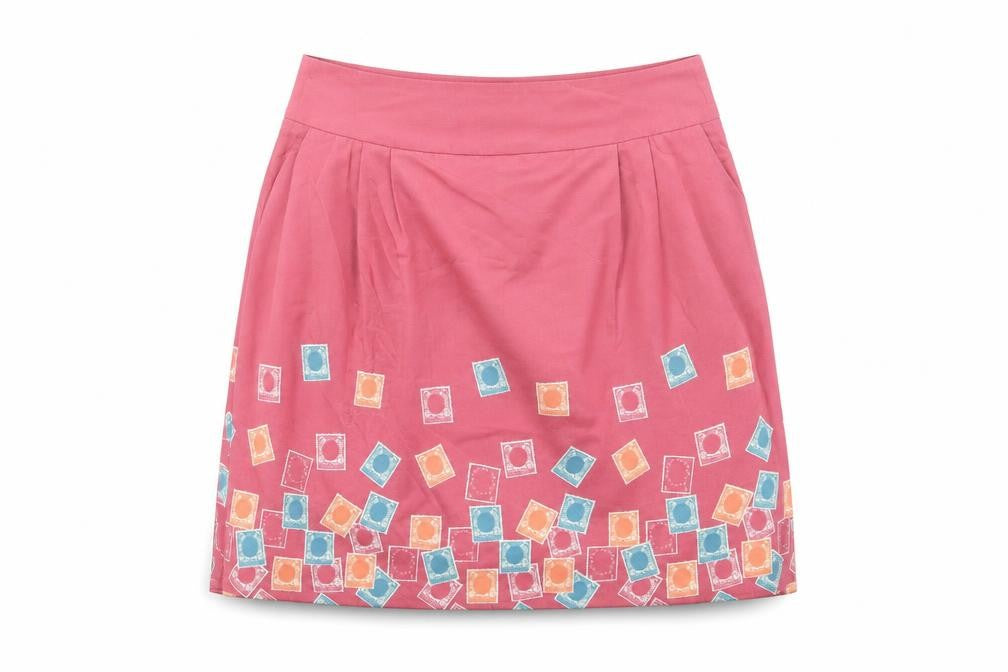 Front view of Ness women’s multicoloured geometric polyester bandage skirt, size UK 10, zip