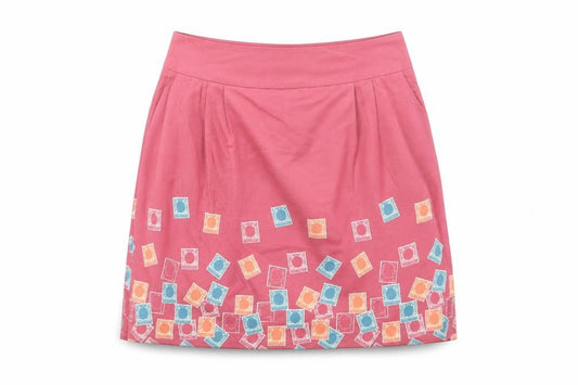 Front view of Ness women’s multicoloured geometric polyester bandage skirt, size UK 10, zip
