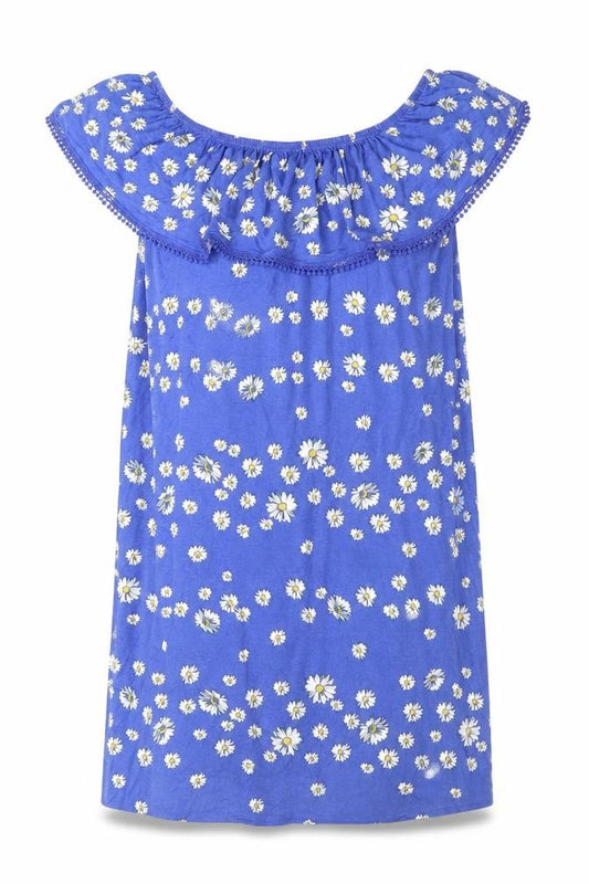 Front view of George women’s blue floral viscose mini, size UK 10, off the shoulder pullover