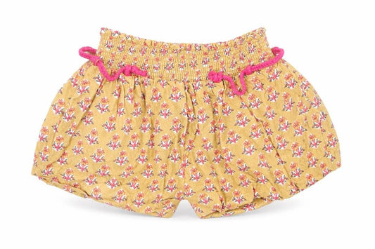 Front view of Next girls’ multicoloured geometric viscose cropped trousers, size 3-6, months drawstring