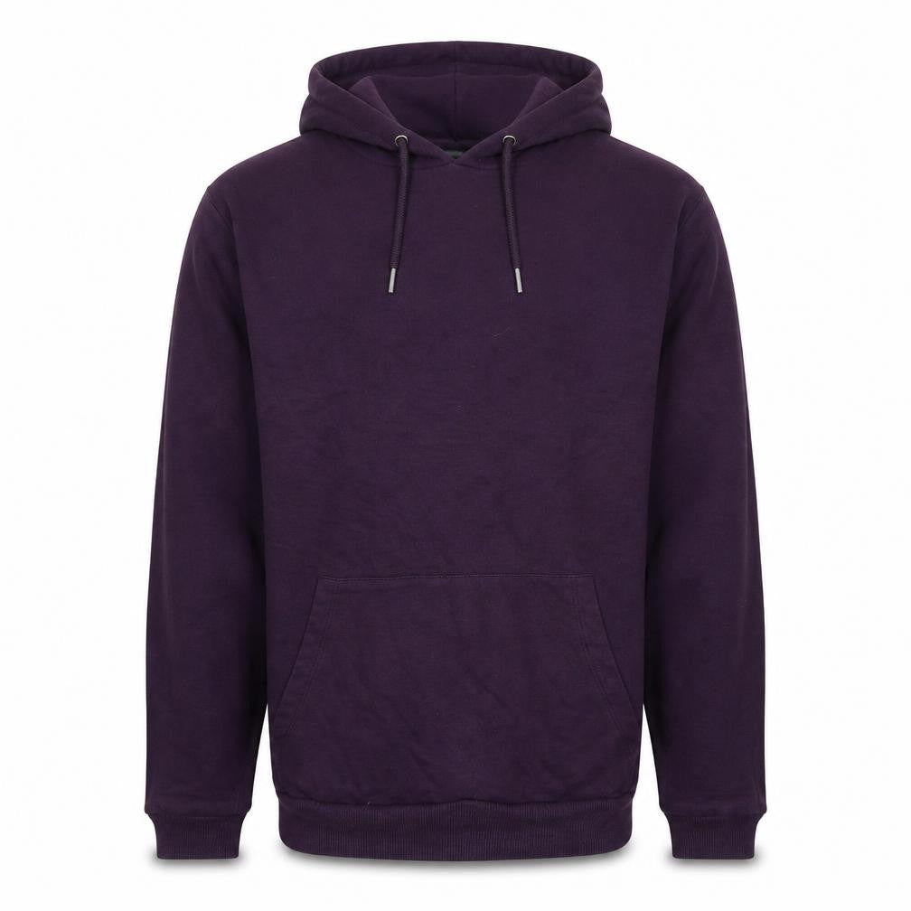 Front view of ASOS men’s purple polyester pullover hoodie, size S