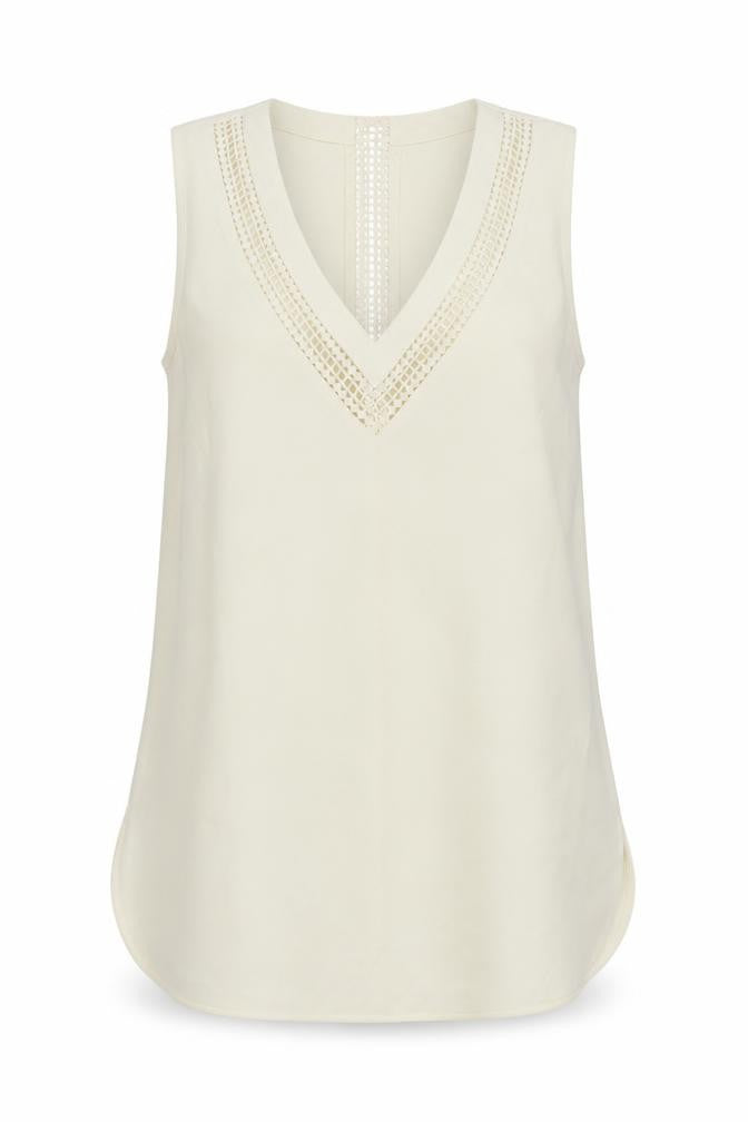 Front view of Warehouse women’s beige polyester basic tank, size UK 6, v-neck - lace detail