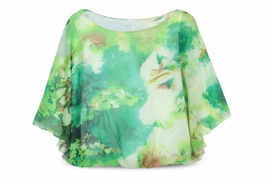 Front view of Klass women’s green geometric polyester basic blouse, size M, round neck