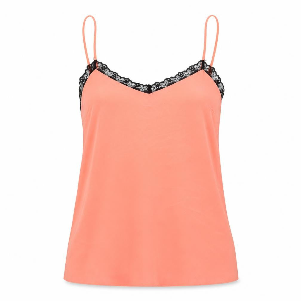 Front view of Miss Selfridge women’s pink polyester basic tank, size UK 8, v-neck - lace detail