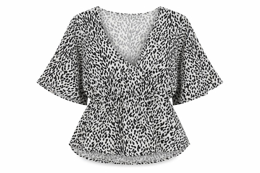Front view of PRETTYLITTLETHING women’s black animal print polyester basic blouse, size UK 12, v-neck