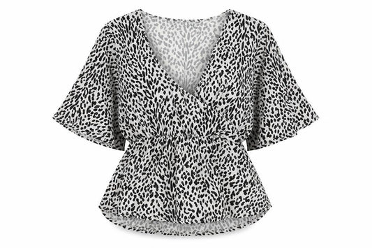 Front view of PRETTYLITTLETHING women’s black animal print polyester basic blouse, size UK 12, v-neck