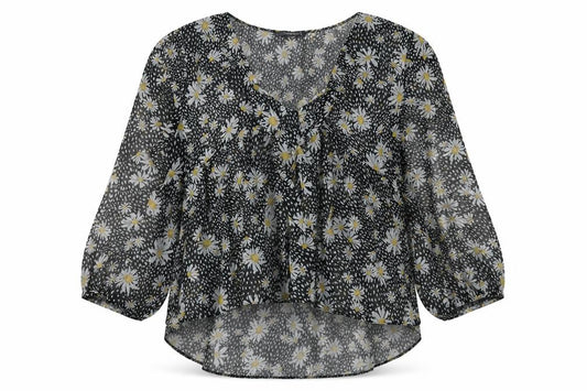 Front view of Primark women’s black floral polyester basic blouse, size UK 10, scoop neck - daisy print smock