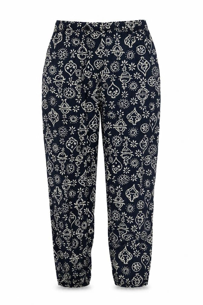 Front view of Green House women’s blue geometric polyester trousers, size M, regular