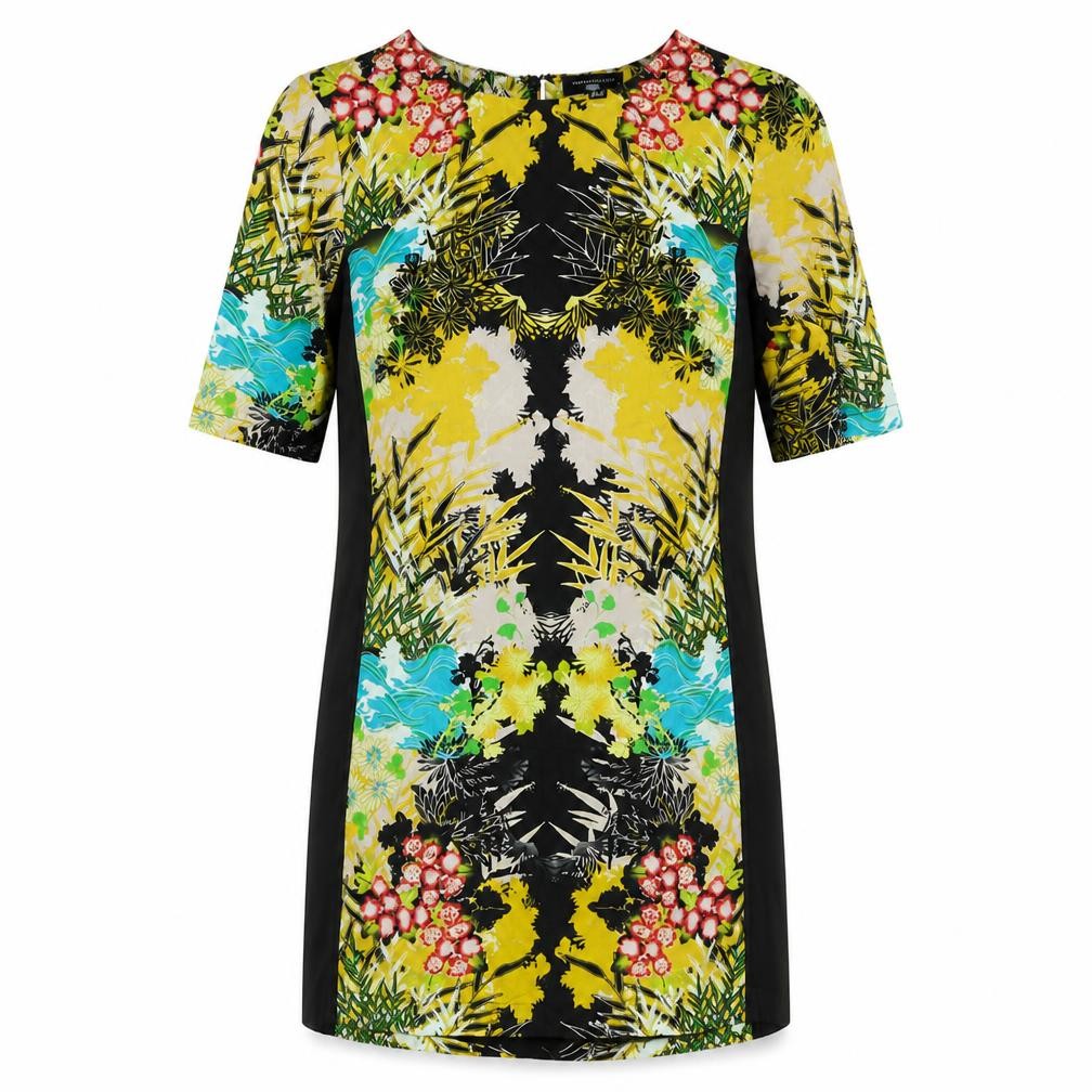Front view of Warehouse women’s multicoloured geometric silk shift, size UK 12, boat neck zip