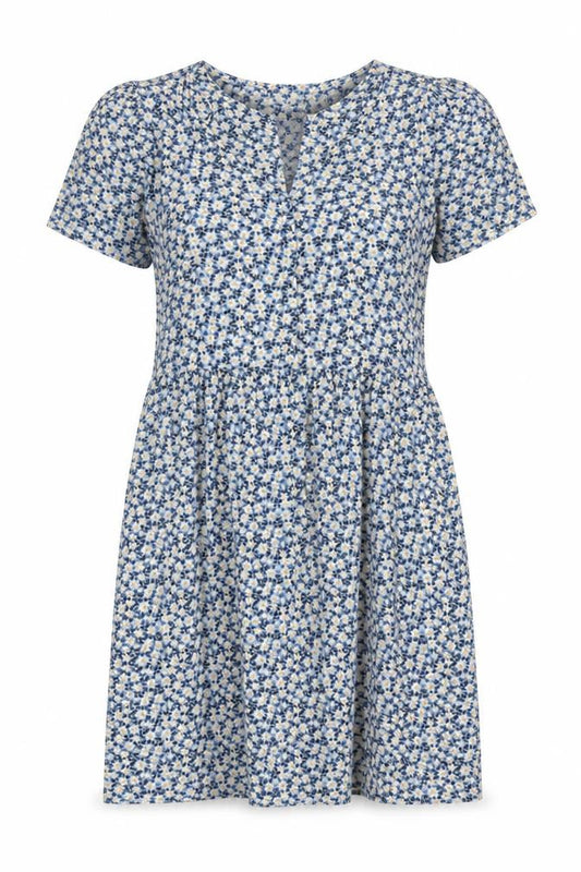 Front view of F&F women’s blue floral polyester a-line, size UK 10, v-neck pullover