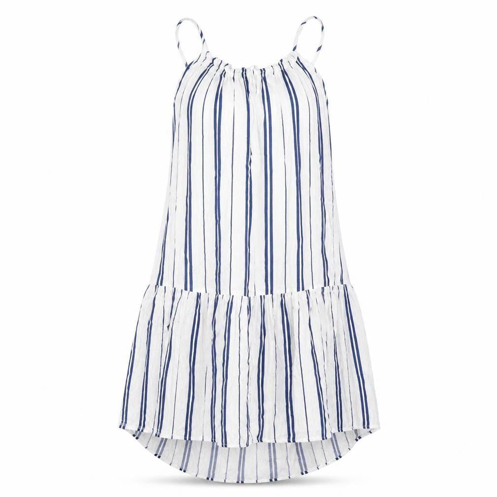 Front view of H&M women’s white striped viscose tank dress, size UK 10, round neck pullover