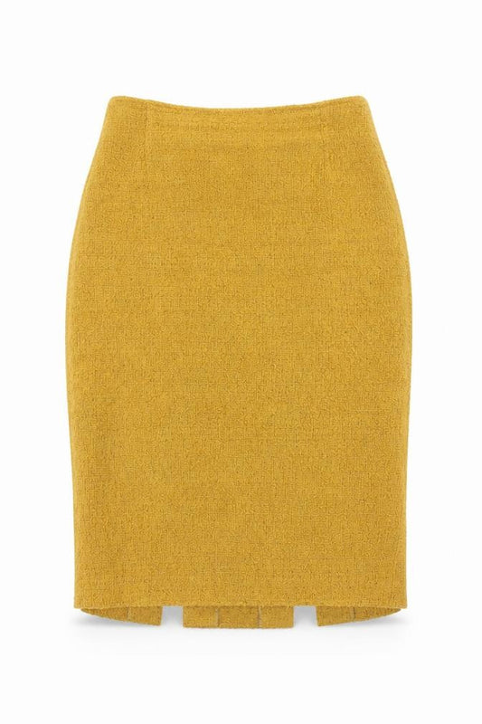 Front view of Madeleine women’s yellow polyester bandage skirt, size UK 30, zip