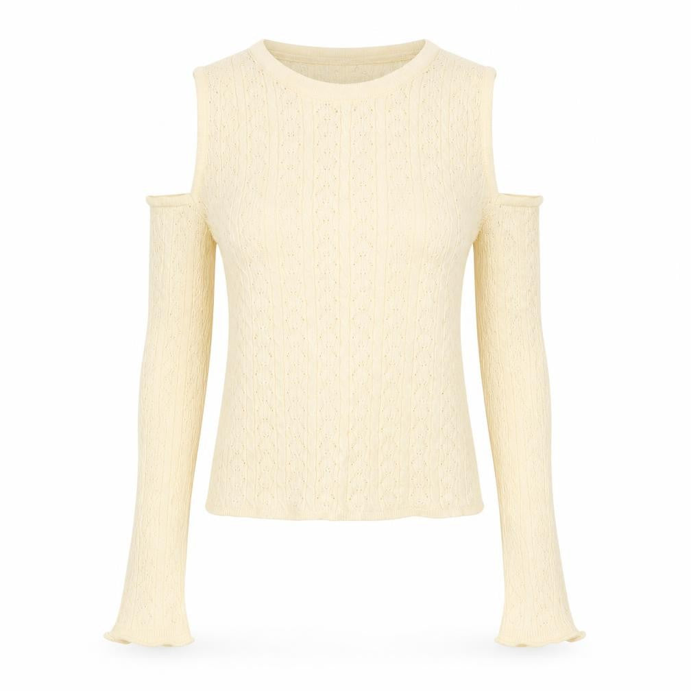 Front view of Stradivarius women’s ivory roll neck geometric acrylic jumper, size M, - cold shoulder