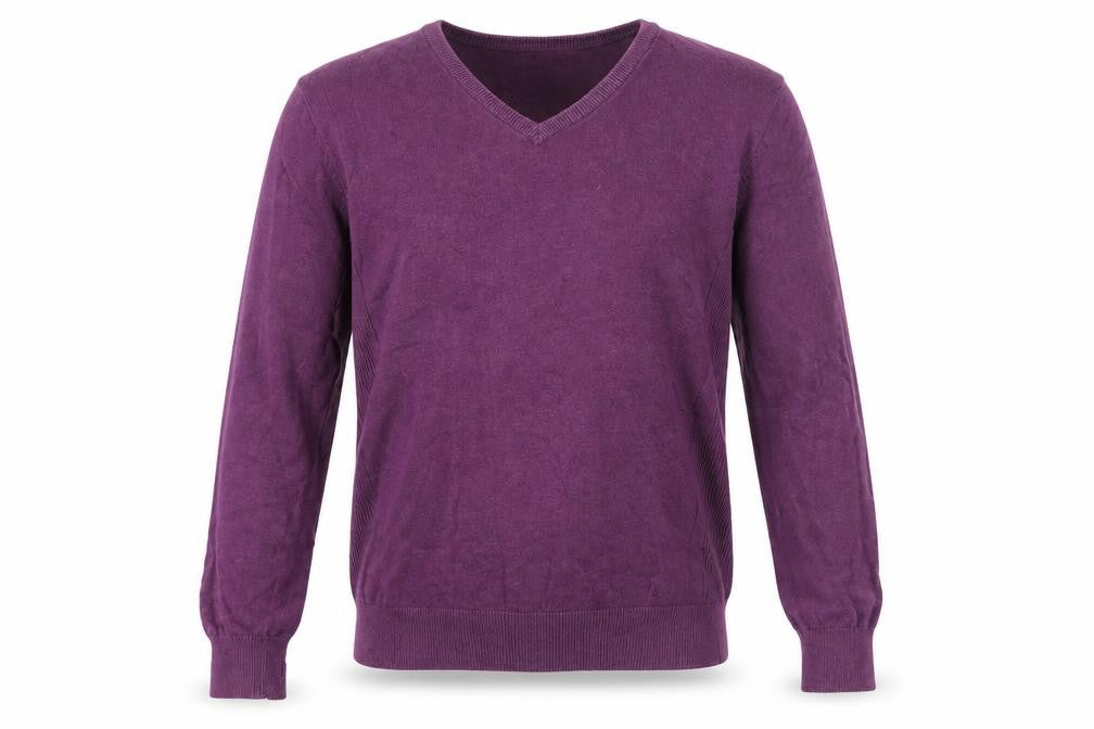 Front view of Next men’s purple v-neck cotton jumper, size M