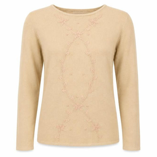 Jan Eva Womens Beige Round Neck Acrylic Pullover Jumper Size L - Flower Detail