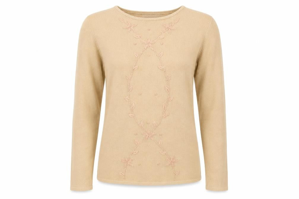 Jan Eva Womens Beige Round Neck Acrylic Pullover Jumper Size L - Flower Detail