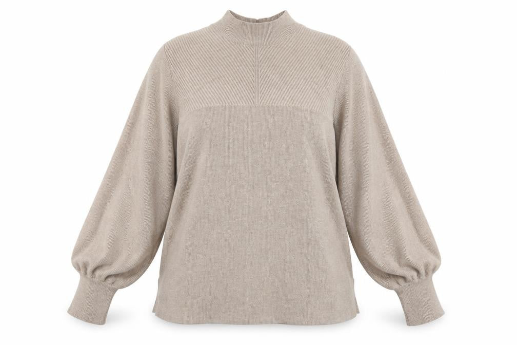 Front view of Marks & Spencer women’s beige high neck viscose jumper, size XL