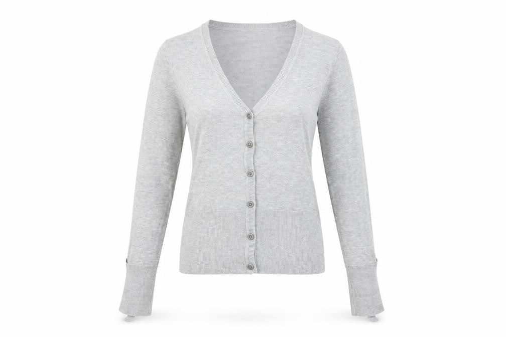 Front view of woolworths women’s grey v-neck acrylic cardigan jumper, size S