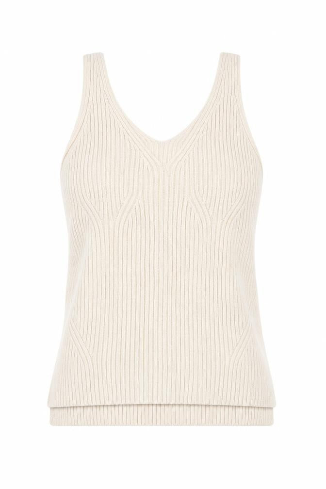Front view of Witchery women’s beige v-neck cotton jumper, size S