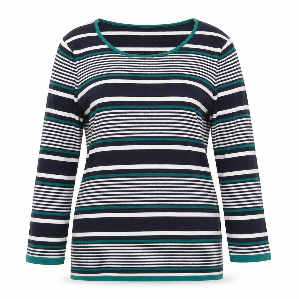 Front view of Country Casuals women’s blue striped viscose basic t-shirt, size L, round neck