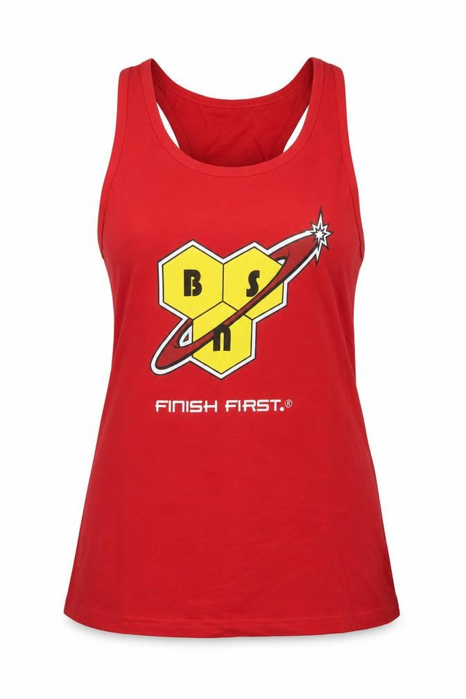 Front view of Finish First women’s red 100% cotton basic tank, size XL, scoop neck pullover
