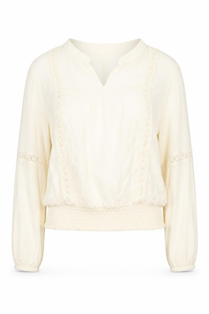 Front view of EM women’s beige viscose basic blouse, size L, v-neck - shirred bottom